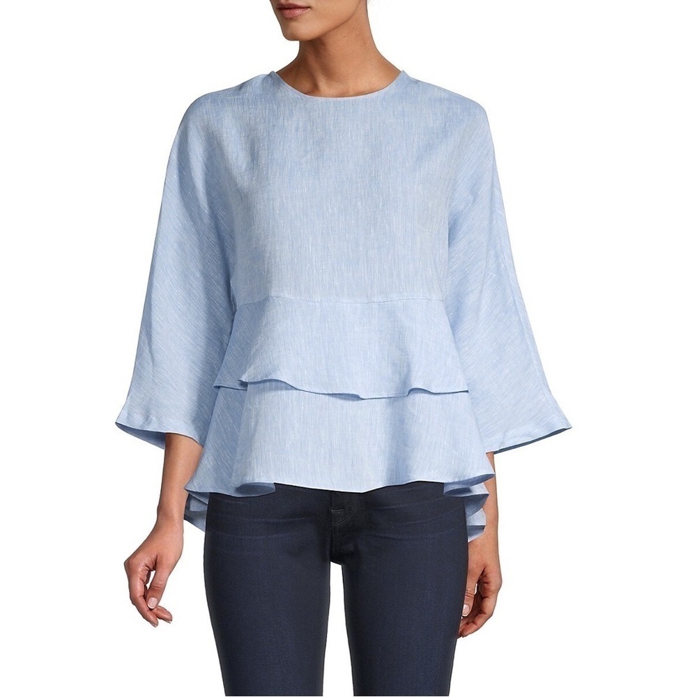 Harshman Adaras Tiered Peplum Blouse In Light Blue Linen Medium $258